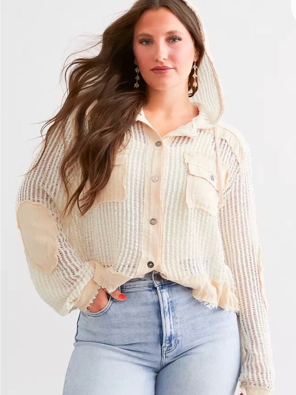 POL Pieced Crochet Hooded Jacket in White & Cream Oversized Size Small